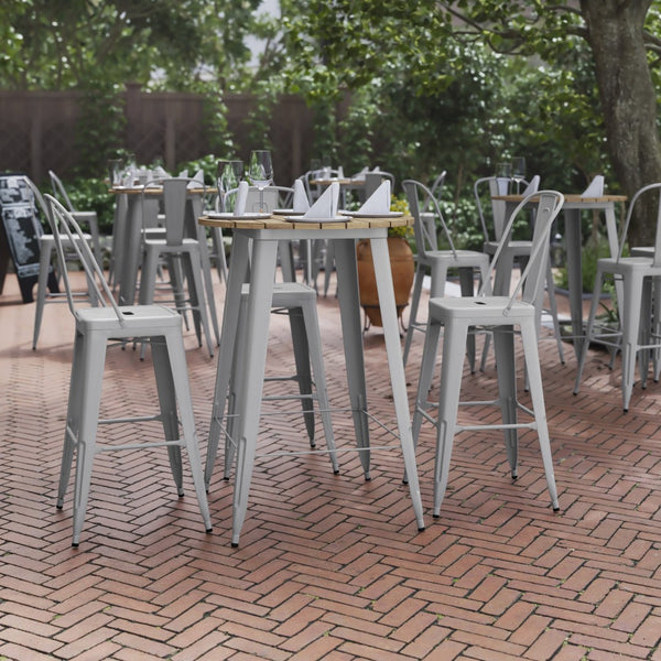 English Elm Declan Commercial Bar Height Table - Stylish All-Weather Poly Resin Top with Durable Steel Base Brown Top/Silver Frame 30" Round JJ-T14623H-76-BRSL-GG