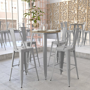 English Elm Declan Commercial Bar Height Table - Stylish All-Weather Poly Resin Top with Durable Steel Base Brown Top/Silver Frame 30" Round JJ-T14623H-76-BRSL-GG