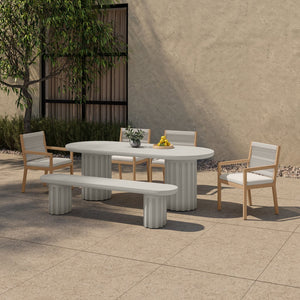 Moe's Home Eris Outdoor Dining Bench - Unique Fluted Design In Glass Fiber Reinforced Concrete For Stylish Spaces White Fiberglass Reinforced Concrete,Steel Connecting Table Top And Base Jk-1012-18-0