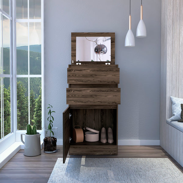 English Elm Dresser with Jewelry Box and Mirror, 43"H Single Door Cabinet with Two Drawers, Dark Walnut Finish Brown 51.57 L x 26.37 W x 5.51 H B097132971