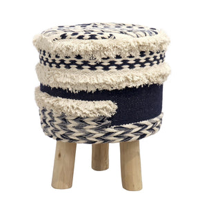 Pasargad Home Grand Canyon Cotton Pouf With Stylish Wooden Legs For Chic Living Room Decor Navy Cotton Ppf-789-1
