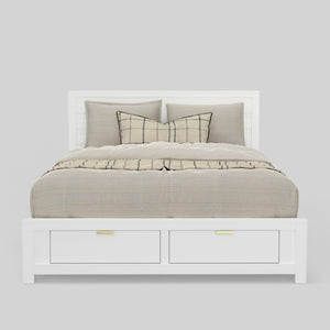 Alpine Furniture Carmel Eastern King Storage Bed With 46" Panel Headboard, White Finish, 2 Drawers & Slats Included JR-W-07EK