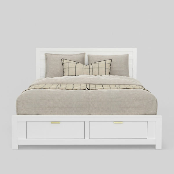 Alpine Furniture Carmel Eastern King Storage Bed With 46" Panel Headboard, White Finish, 2 Drawers & Slats Included JR-W-07EK