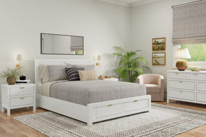 Alpine Furniture Carmel Eastern King Storage Bed With 46" Panel Headboard, White Finish, 2 Drawers & Slats Included JR-W-07EK