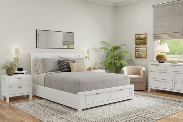 Alpine Furniture Carmel Eastern King Storage Bed With 46" Panel Headboard, White Finish, 2 Drawers & Slats Included JR-W-07EK