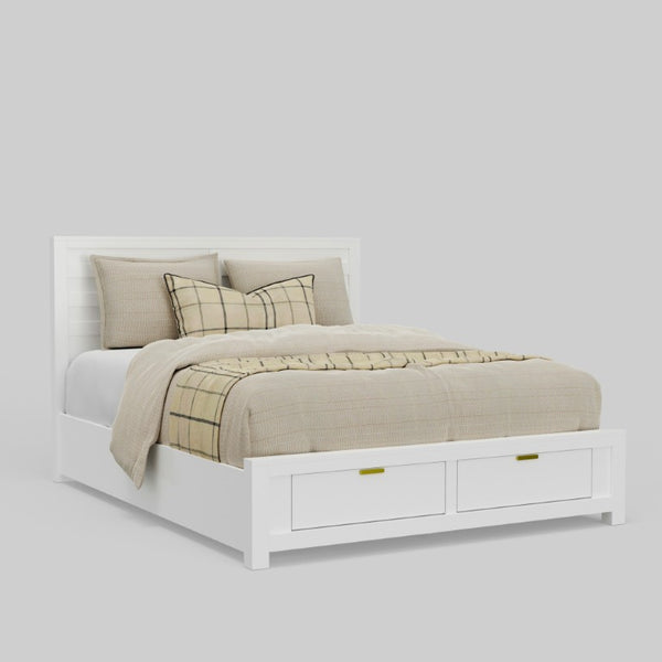 Alpine Furniture Carmel Eastern King Storage Bed With 46" Panel Headboard, White Finish, 2 Drawers & Slats Included JR-W-07EK