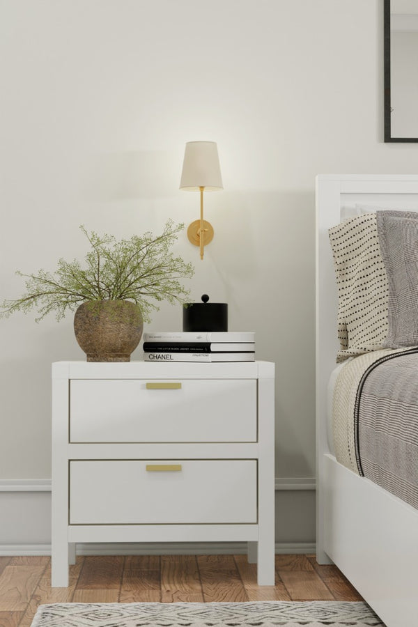Alpine Furniture Carmel White 2-Drawer Nightstand — Compact Contemporary Bedside Table, Smooth Glides & Nickel Hardware JR-W-02