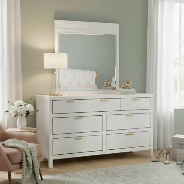 Alpine Furniture Carmel White Beveled Wall Mirror 38X40 — Ready-To-Hang Hardwood Frame, Dresser Match, Modern Chic JR-W-06