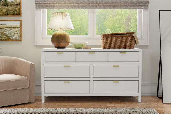 Alpine Furniture Carmel Seven-Drawer Dresser With Felt-Lined Top Drawers, Smooth Glides & Polished Nickel Pulls — Spacious Storage And Modern Elegance White JR-W-03
