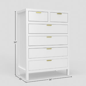 Alpine Furniture Carmel 6 Drawer Chest With Polished Nickel Hardware — Fully Assembled, Durable Solids & Veneers, Smooth Glides White JR-W-05