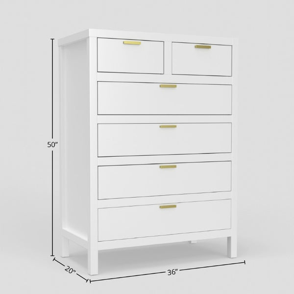 Alpine Furniture Carmel 6 Drawer Chest With Polished Nickel Hardware — Fully Assembled, Durable Solids & Veneers, Smooth Glides White JR-W-05