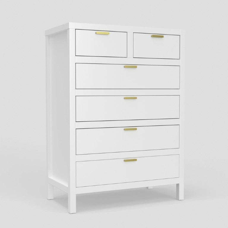 Alpine Furniture Carmel 6 Drawer Chest With Polished Nickel Hardware — Fully Assembled, Durable Solids & Veneers, Smooth Glides White JR-W-05