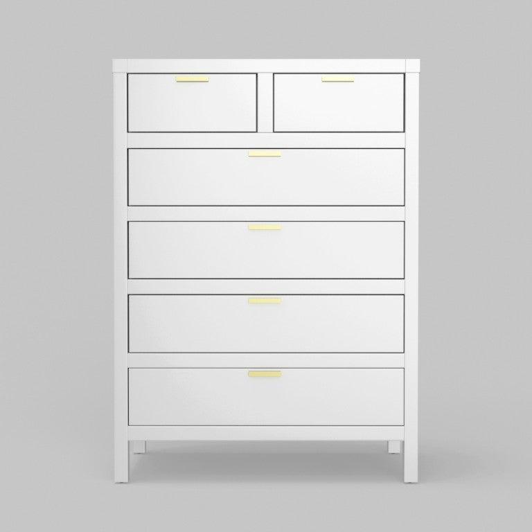 Alpine Furniture Carmel 6 Drawer Chest With Polished Nickel Hardware — Fully Assembled, Durable Solids & Veneers, Smooth Glides White JR-W-05