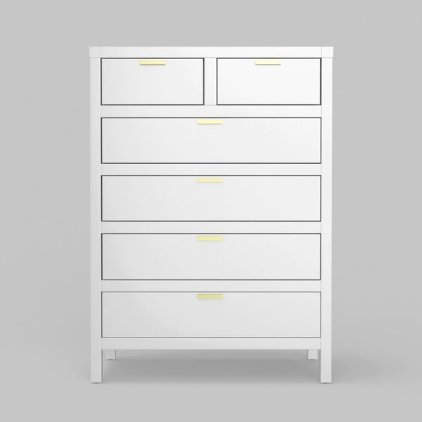 Alpine Furniture Carmel 6 Drawer Chest With Polished Nickel Hardware — Fully Assembled, Durable Solids & Veneers, Smooth Glides White JR-W-05
