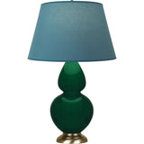 Robert Abbey Jungle Double Gourd Table Lamp Jungle Glazed Ceramic with Antique Natural Brass Finished Accents Bright Blue W/ Gray Lining Fabric Shade