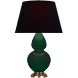 Robert Abbey Jungle Double Gourd Table Lamp Jungle Glazed Ceramic with Antique Natural Brass Finished Accents Ink Black W/ Rose Red Lining Fabric Shade