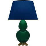 Robert Abbey Jungle Double Gourd Table Lamp Jungle Glazed Ceramic with Antique Natural Brass Finished Accents Navy W/ Gray Lining Fabric Shade