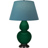 Robert Abbey Jungle Double Gourd Table Lamp Jungle Glazed Ceramic with Deep Patina Bronze Finished Accents Bright Blue W/ Gray Lining Fabric Shade