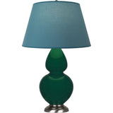 Robert Abbey Jungle Double Gourd Table Lamp Jungle Glazed Ceramic with Antique Silver Finished Accents Bright Blue W/ Gray Lining Fabric Shade