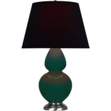 Robert Abbey Jungle Double Gourd Table Lamp Jungle Glazed Ceramic with Antique Silver Finished Accents Ink Black W/ Rose Red Lining Fabric Shade