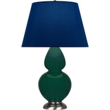 Robert Abbey Jungle Double Gourd Table Lamp Jungle Glazed Ceramic with Antique Silver Finished Accents Navy W/ Gray Lining Fabric Shade