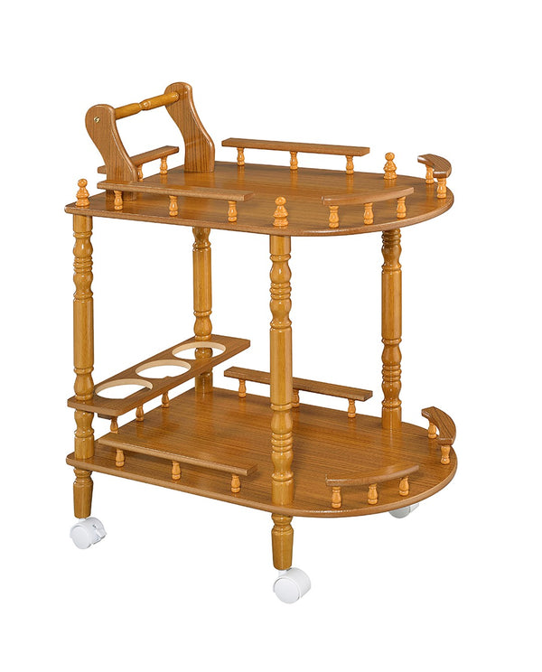 ORE International 29 Inch Oak Finish Rolling Bar Cart with Wine Rack and Guard Rails for Entertaining JW-104 OAK