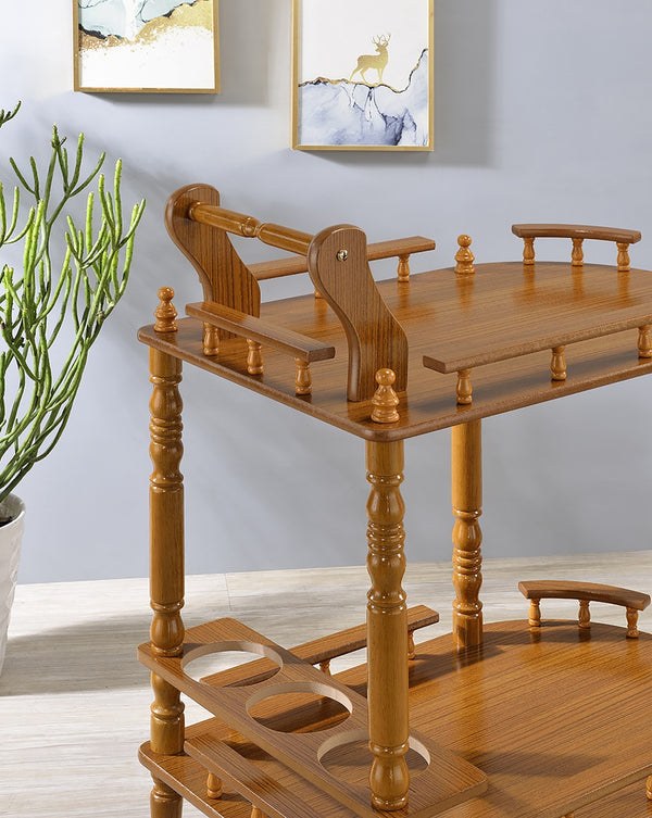 ORE International 29 Inch Oak Finish Rolling Bar Cart with Wine Rack and Guard Rails for Entertaining JW-104 OAK