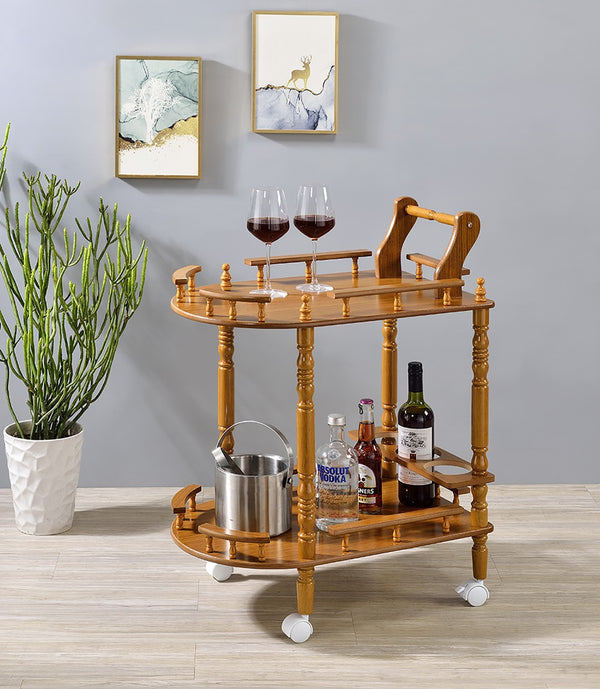 ORE International 29 Inch Oak Finish Rolling Bar Cart with Wine Rack and Guard Rails for Entertaining JW-104 OAK