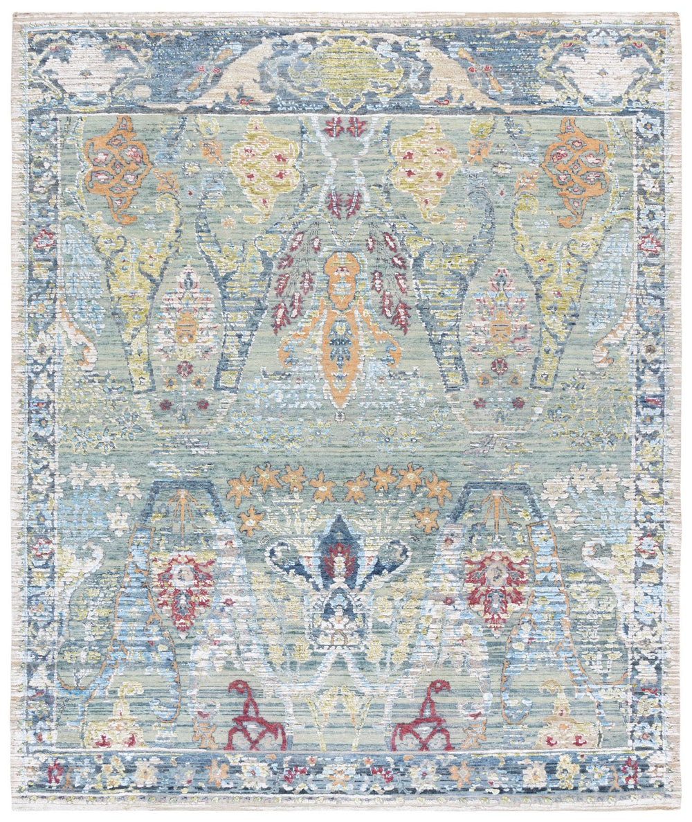 Safavieh Jewel Hand-Knotted 8X10 Blue Beige Oriental Rug – 60% Wool, Bamboo Silk Sheen, Low-Profile 3/8" JWL201L-8
