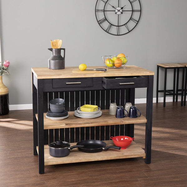 Safavieh Berinsly Solid Acacia Kitchen Island With Expandable Top Two Drawers Open Shelving KA1012761