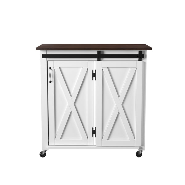 Safavieh Leshire Farmhouse Kitchen Cart With Sliding Barn Door Birch Mdf Rolling Island WHITE KA1068834