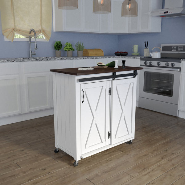 Safavieh Leshire Farmhouse Kitchen Cart With Sliding Barn Door Birch Mdf Rolling Island WHITE KA1068834