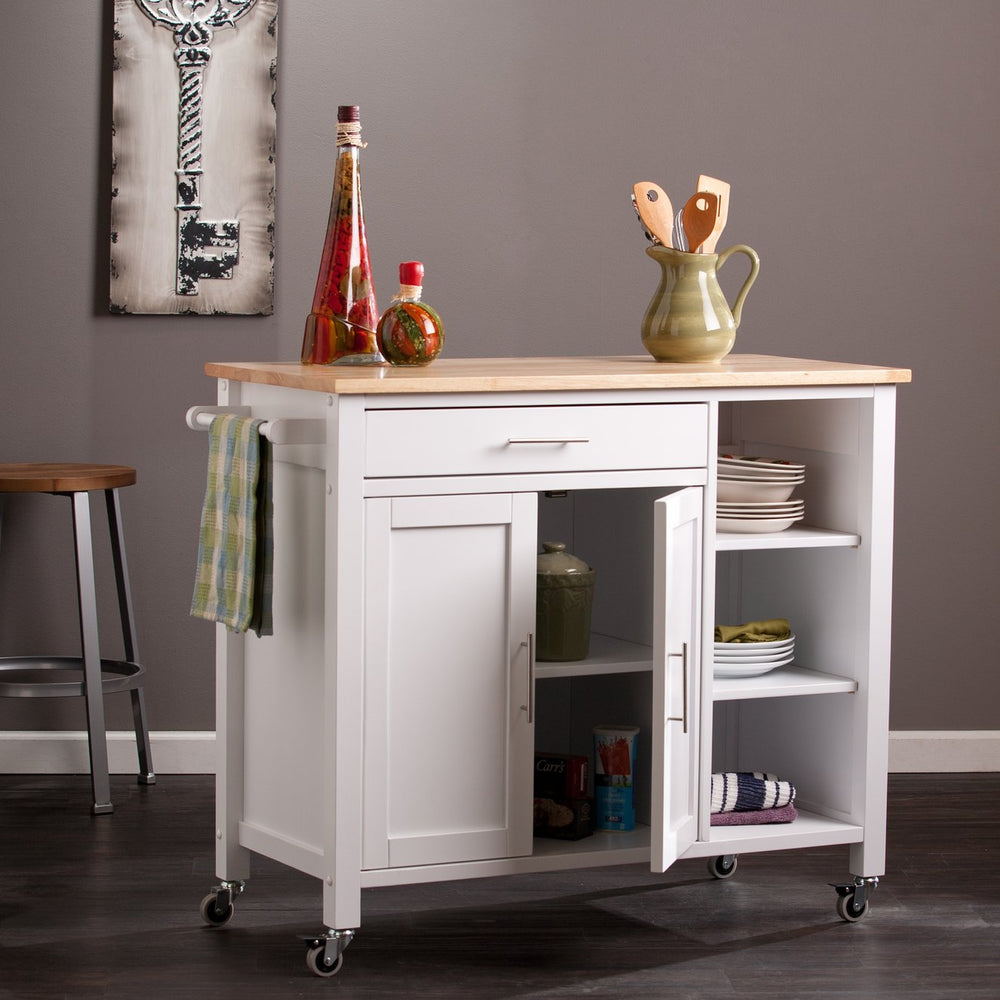 Safavieh Martinville Butcher Block Kitchen Cart With Cabinet Shelving And Rolling Casters KA3277