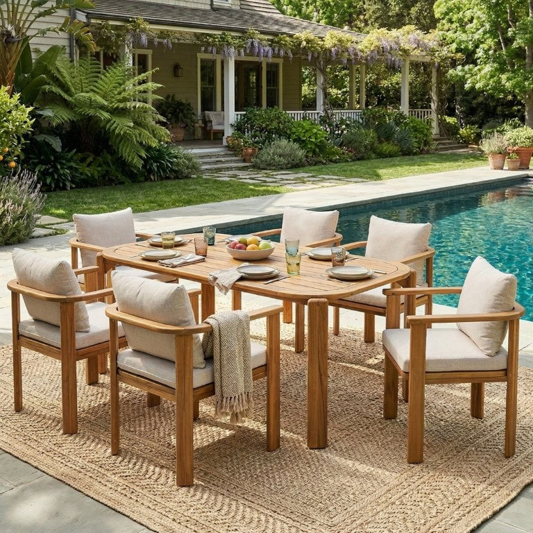 English Elm Kaja Outdoor Solid Acacia Wood Six Seat Dining Set with Teak Grain Beige Cushions KAJA7PCSET