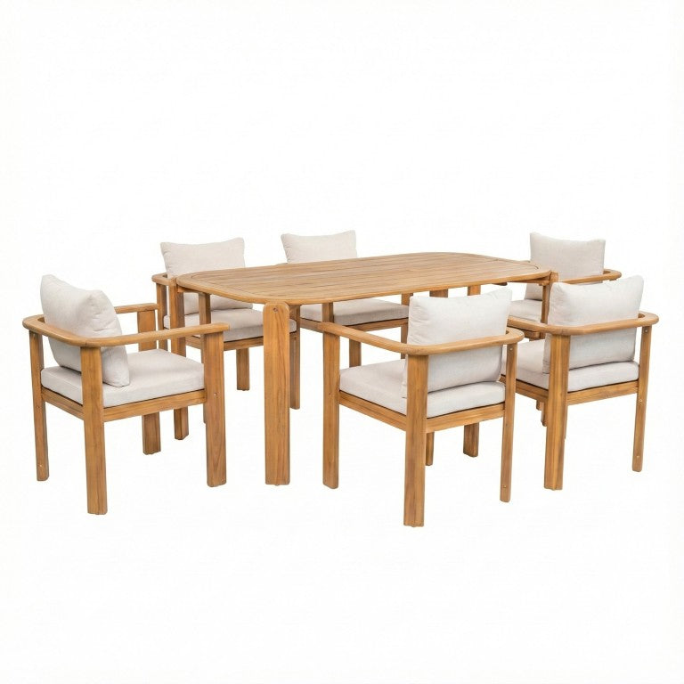 English Elm Kaja Outdoor Solid Acacia Wood Six Seat Dining Set with Teak Grain Beige Cushions KAJA7PCSET