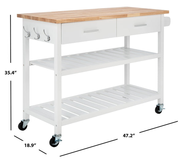 Safavieh Kiko Farmhouse Kitchen Cart With 2 Drawers, 2 Slatted Shelves & Hooks For Stylish Storage Solutions KCH8704A