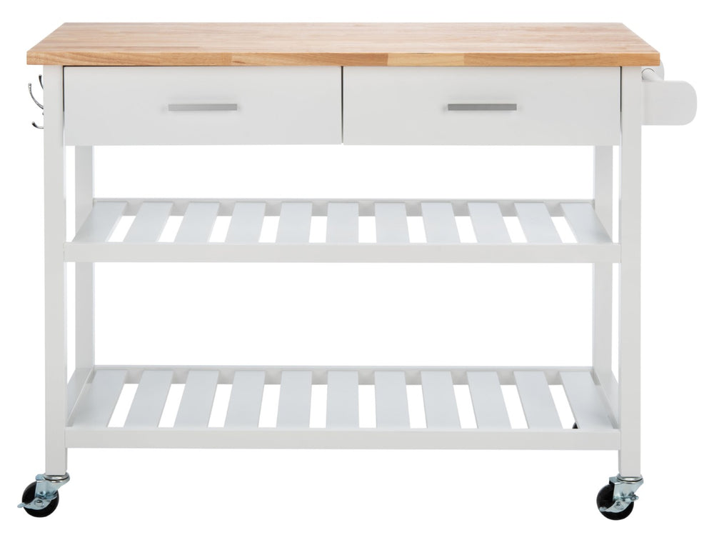 Safavieh Kiko Farmhouse Kitchen Cart With 2 Drawers, 2 Slatted Shelves & Hooks For Stylish Storage Solutions KCH8704A