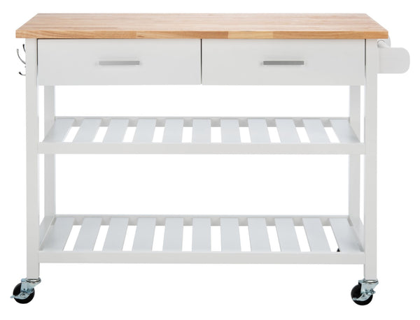 Safavieh Kiko Farmhouse Kitchen Cart With 2 Drawers, 2 Slatted Shelves & Hooks For Stylish Storage Solutions KCH8704A