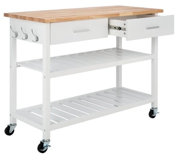 Safavieh Kiko Farmhouse Kitchen Cart With 2 Drawers, 2 Slatted Shelves & Hooks For Stylish Storage Solutions KCH8704A