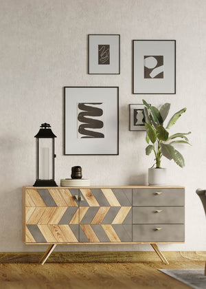 Lh Imports London Sideboard - Chic Mango Wood & Concrete Design With Brass Accents For Retro Home Decor Brown,Grey Mango Wood,Concrete Inlay,Steel,Mdf, Mango Veneer Ken003b