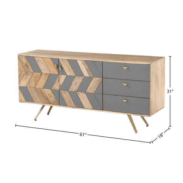 Lh Imports London Sideboard - Chic Mango Wood & Concrete Design With Brass Accents For Retro Home Decor Brown,Grey Mango Wood,Concrete Inlay,Steel,Mdf, Mango Veneer Ken003b