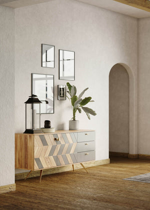 Lh Imports London Sideboard - Chic Mango Wood & Concrete Design With Brass Accents For Retro Home Decor Brown,Grey Mango Wood,Concrete Inlay,Steel,Mdf, Mango Veneer Ken003b
