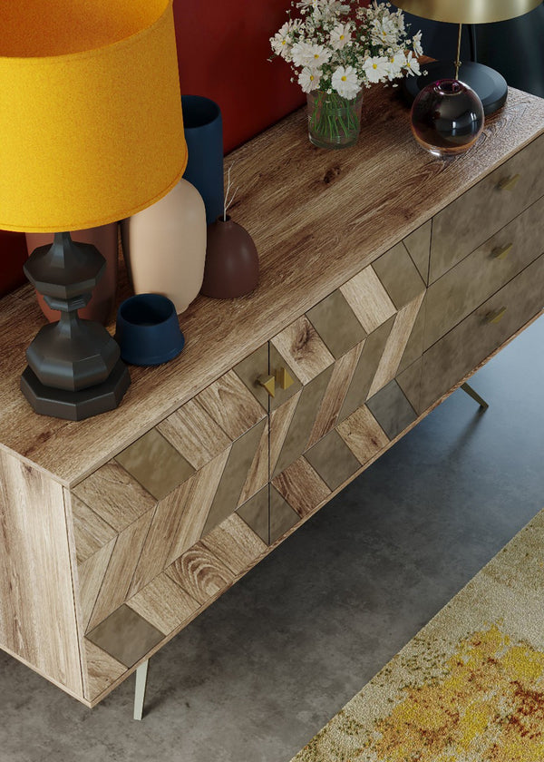 Lh Imports London Sideboard - Chic Mango Wood & Concrete Design With Brass Accents For Retro Home Decor Brown,Grey Mango Wood,Concrete Inlay,Steel,Mdf, Mango Veneer Ken003b