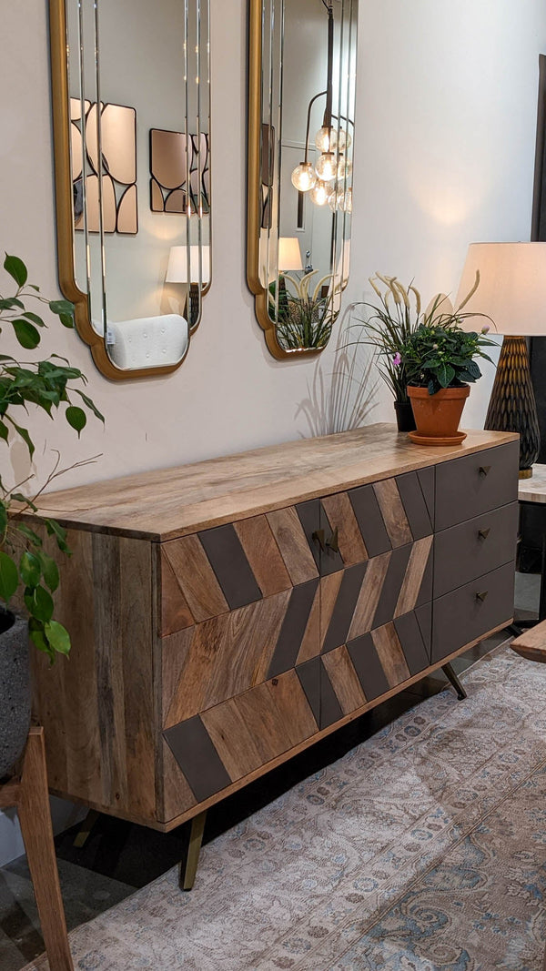 Lh Imports London Sideboard - Chic Mango Wood & Concrete Design With Brass Accents For Retro Home Decor Brown,Grey Mango Wood,Concrete Inlay,Steel,Mdf, Mango Veneer Ken003b