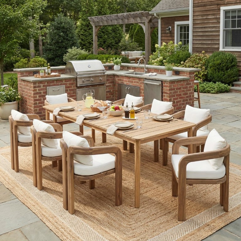 English Elm Kesden Outdoor Solid Acacia Wood Dining Set Seats Eight with Cushioned Armchairs 9 Piece Natural+Cream, Oiled Teak KESDEN9PCSETN