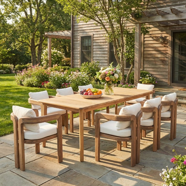 English Elm Kesden Outdoor Solid Acacia Wood Dining Set Seats Eight with Cushioned Armchairs 9 Piece Natural+Cream, Oiled Teak KESDEN9PCSETN