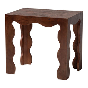 Baxton Studio Bali & Pari Huxley Burl Wood Scalloped End Table Artisan Grain Living Room Accent KL-1596-Dark Walnut Op1-Raisa-ET-BOXED