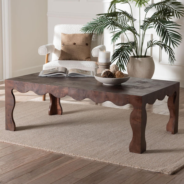 Bali & Pari Huxley Genuine Burl Wood Coffee Table Scalloped Dark Walnut Living Room