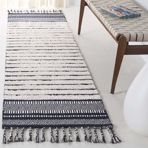 Safavieh Kilim Hand-woven Cotton Runner Rug – Bohemian Style In Ivory And Black For Artistic Home Decor Navy ,Natural Cotton Pile Klc401n-28