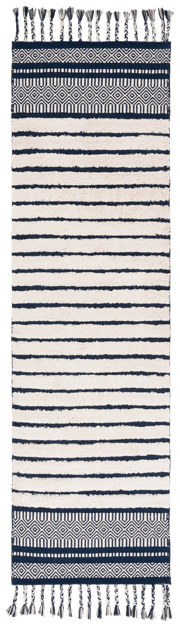 Safavieh Kilim Hand-woven Cotton Runner Rug – Bohemian Style In Ivory And Black For Artistic Home Decor Navy ,Natural Cotton Pile Klc401n-28